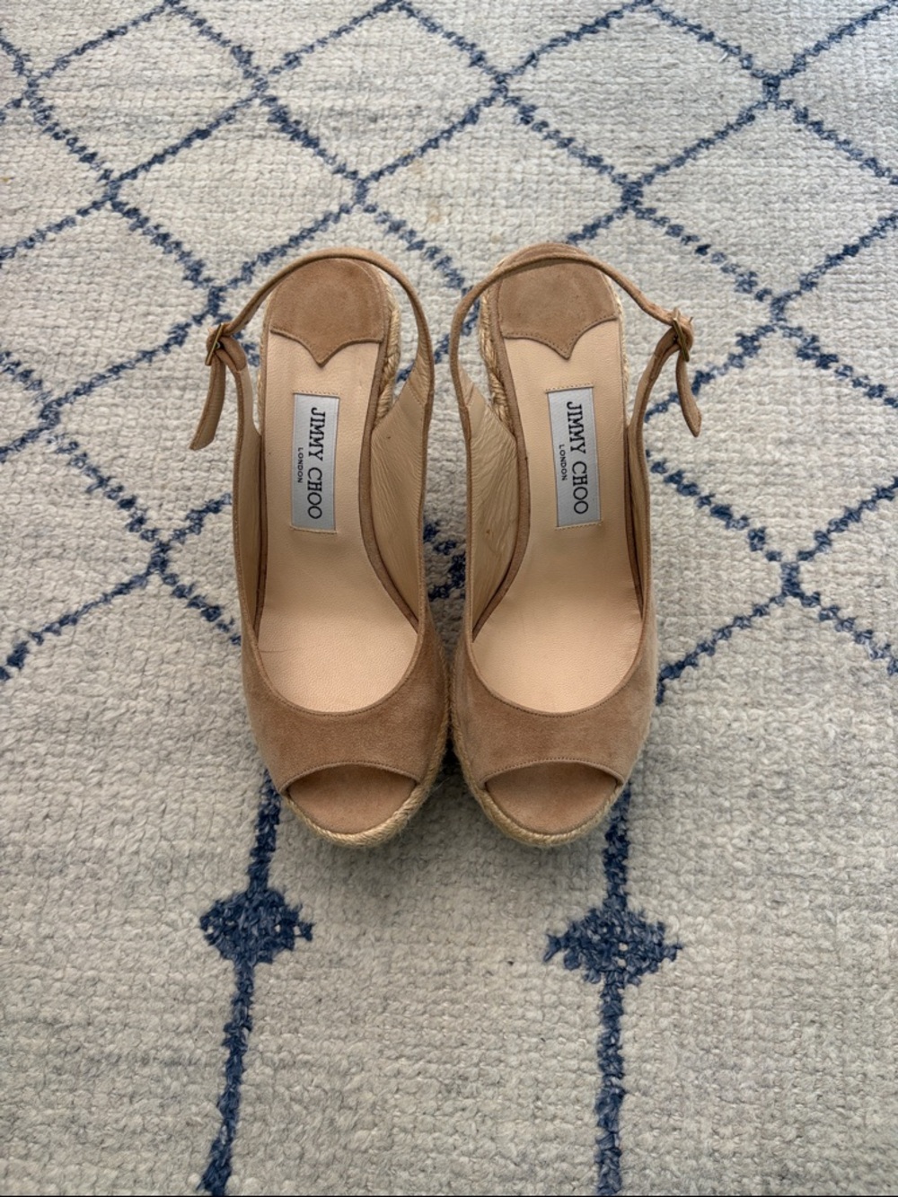 Jimmy Choo Tan Suede Peep-Toe Wedge Slingbacks
